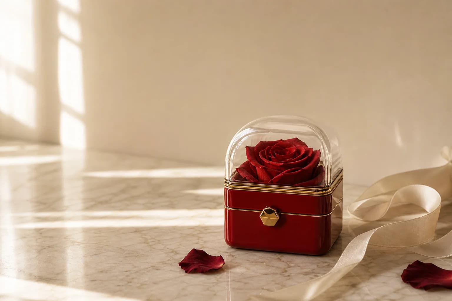 The Eternal Rose Box styled on ivory marble with silk ribbon