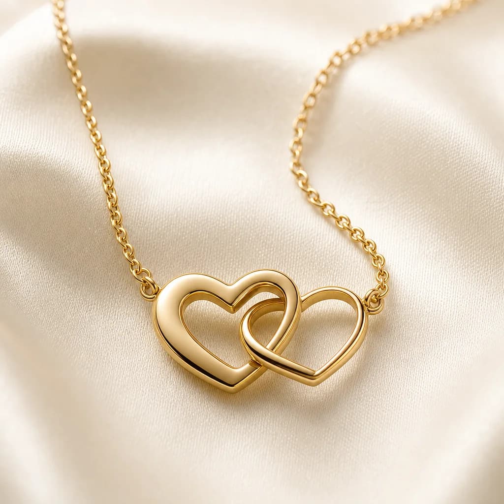Interlocking hearts gold necklace, macro detail