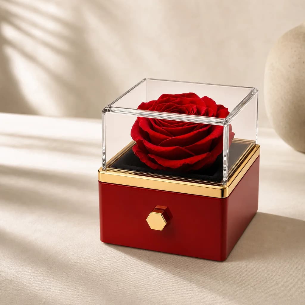 Square red Eternal Rose Box in a minimal ivory setting