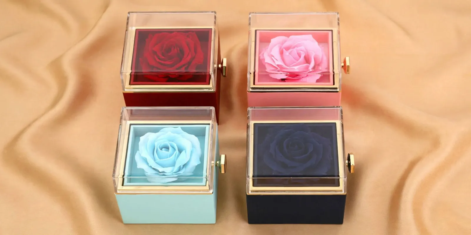 Square red Eternal Rose Box — studio presentation